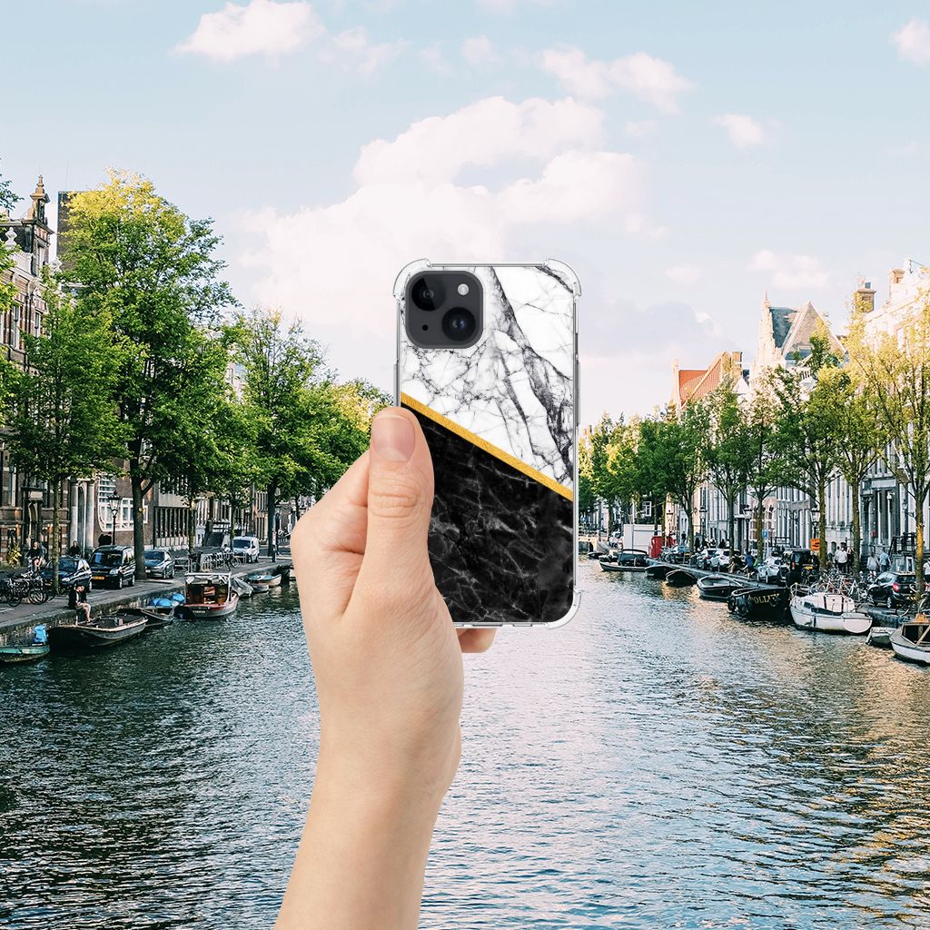 iPhone 15 Anti-Shock Hoesje Marmer Wit Zwart - Origineel Cadeau Man B2C Telecom