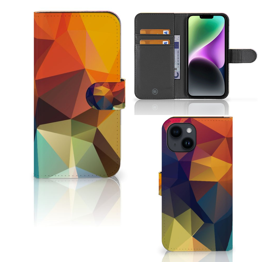 iPhone 15 Book Case Polygon Color met kleurrijke asymmetrische patronen, perfect voor kunstzinnige smartphone bescherming.