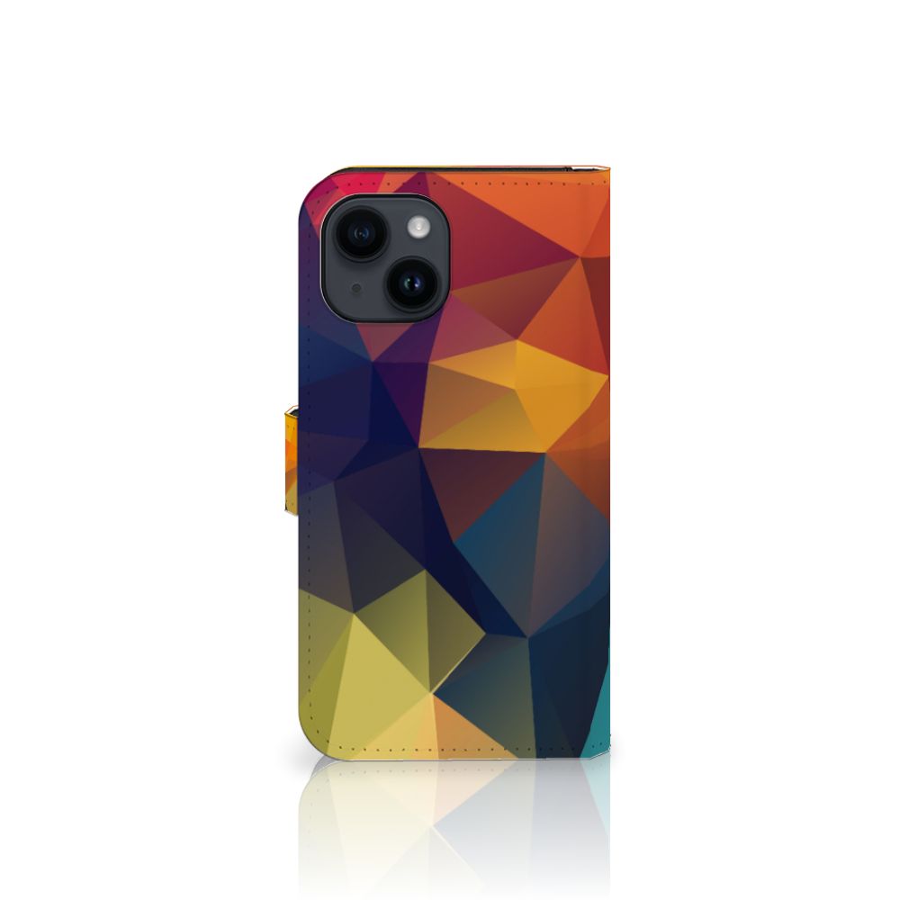 iPhone 15 Book Case Polygon Color met kleurrijke asymmetrische patronen en een kunstzinnig ontwerp.