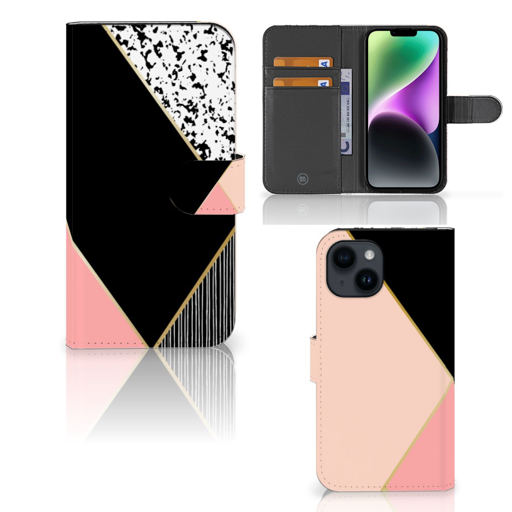 iPhone 15 Book Case Zwart Roze Vormen met geometrisch ontwerp en ruimte voor 3 pasjes 📱