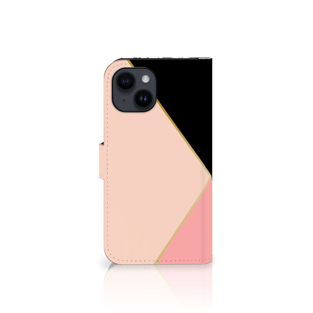 iPhone 15 Book Case Zwart Roze Vormen met geometrisch ontwerp en ruimte voor 3 pasjes. 📱