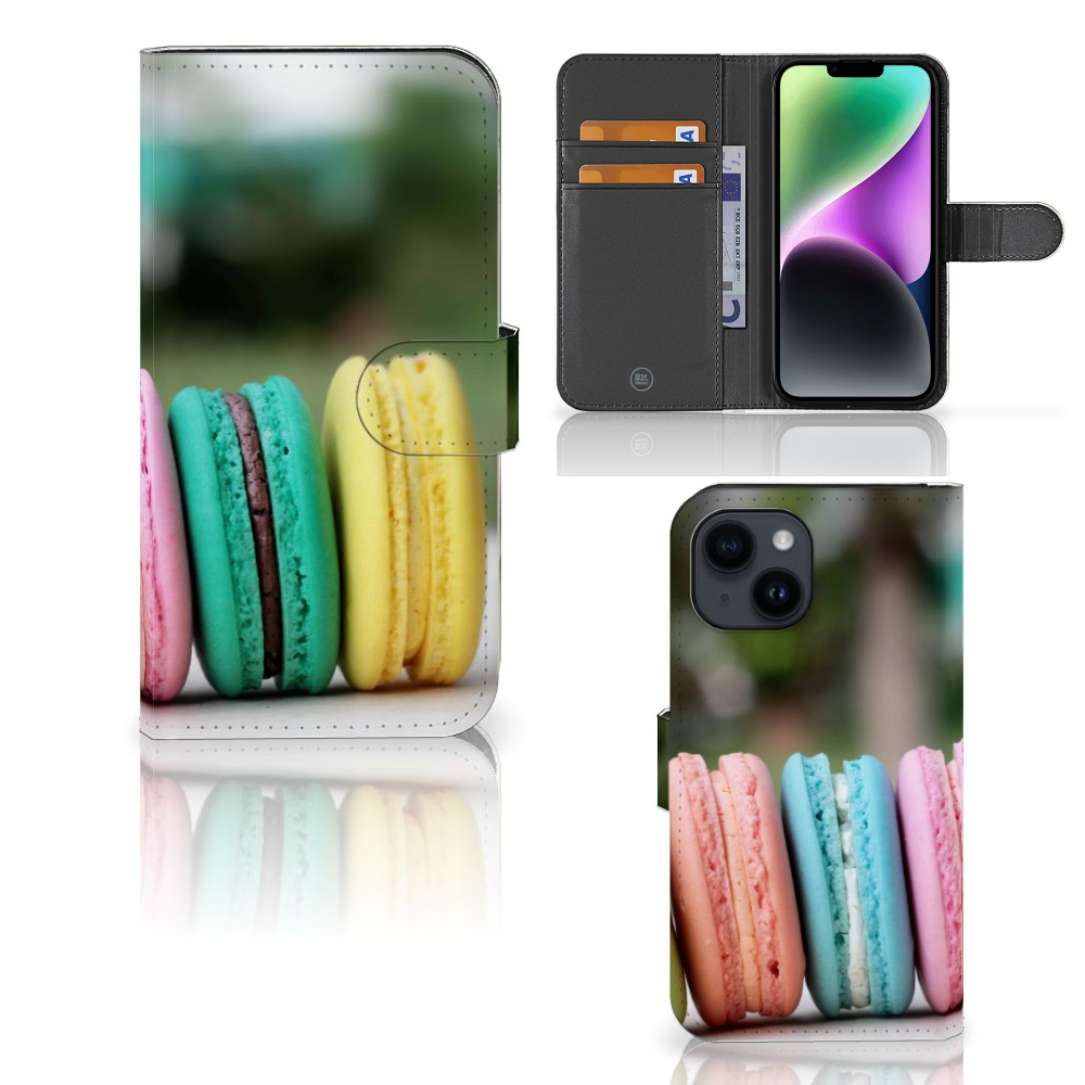 iPhone 15 Book Cover Macarons met kleurrijke macarons in pastelkleuren voor unieke smartphonebescherming.
