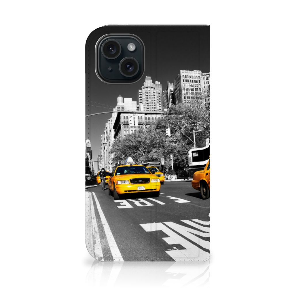iPhone 15 Book Cover New York Taxi met afbeelding van taxichauffeurs in de stad. 🗽
