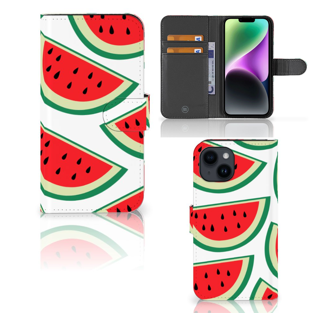 iPhone 15 Book Cover Watermelons met vrolijke watermeloenen print 🍉 en ruimte voor 3 pasjes.
