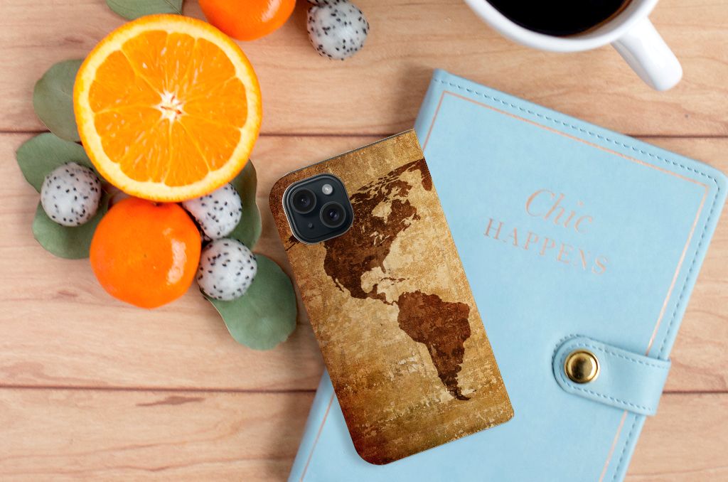 iPhone 15 Book Cover Wereldkaart hoesje wereldkaart bovenaanzicht