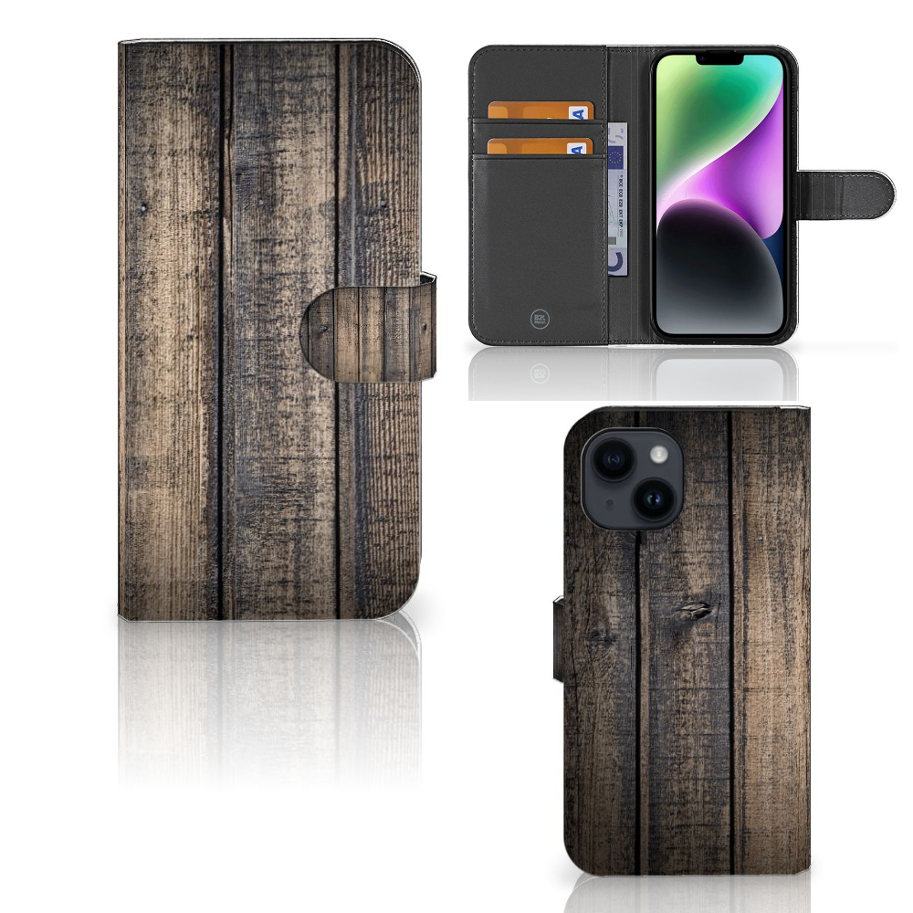 iPhone 15 Book Style Case Steigerhout met ruimte voor 3 pasjes en een robuust houten design.