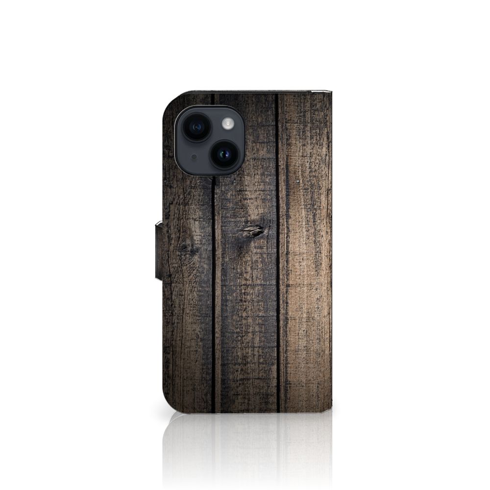 iPhone 15 Book Style Case Steigerhout met een robuust houten design, perfect voor stijl en bescherming.
