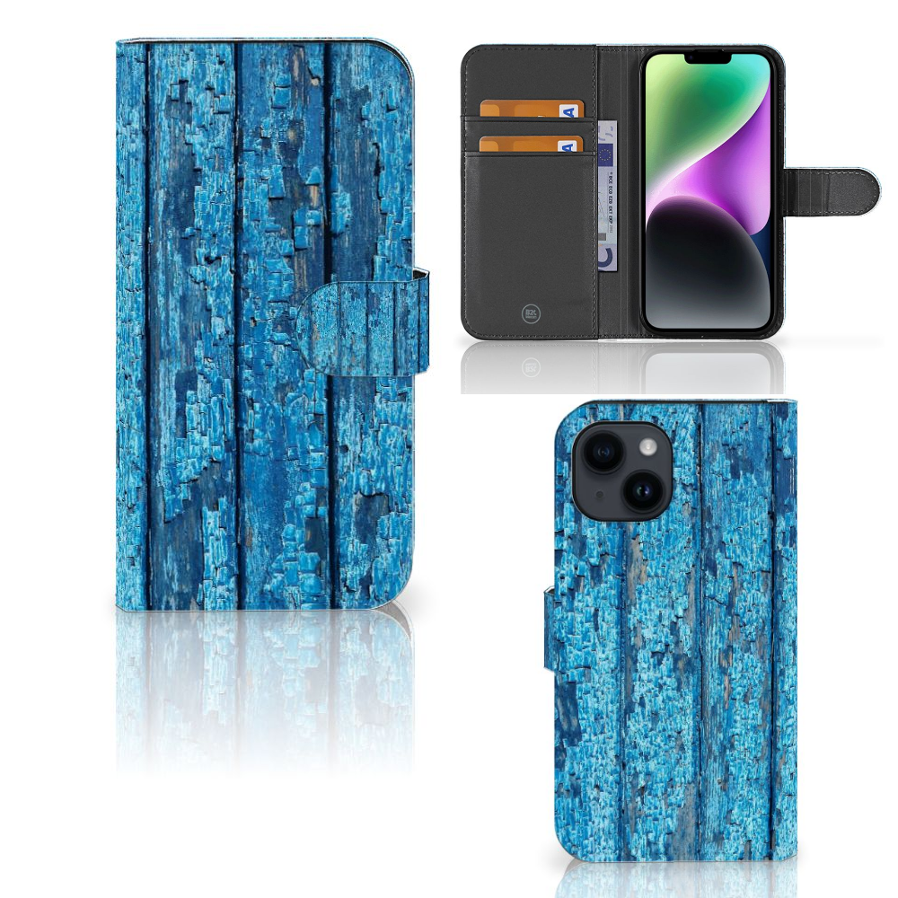 iPhone 15 Book Style Case Wood Blue met een prachtig blauw houten ontwerp en ruimte voor pasjes.