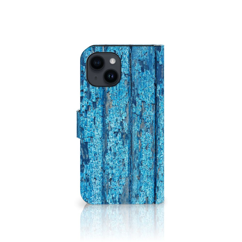 iPhone 15 Book Style Case Wood Blue met een prachtig design van blauw afgebladderd hout 🎨.
