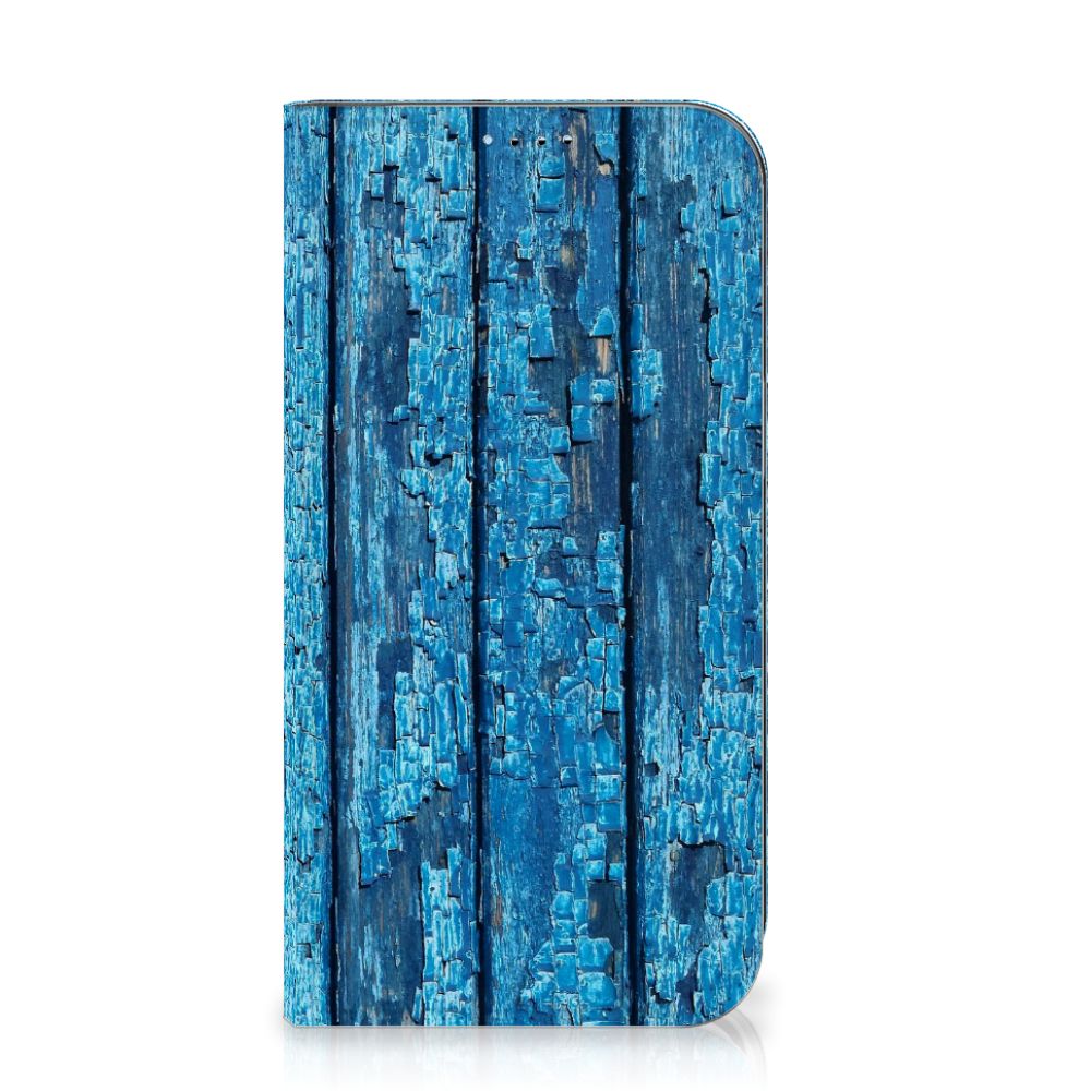 Apple iPhone 15 Book Wallet Case Wood Blue blauw hout vooraanzicht