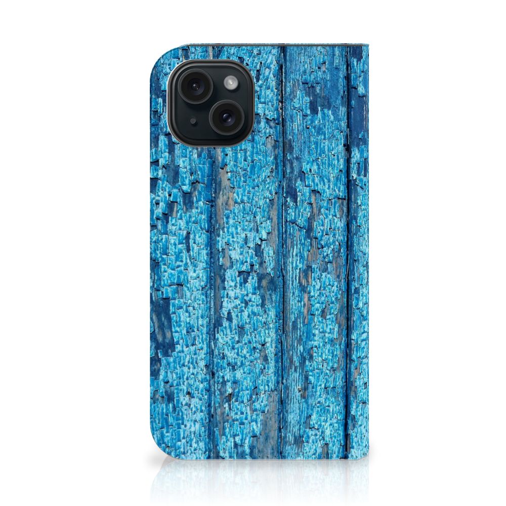 iPhone 15 Book Wallet Case Wood Blue blauw hout design achterkant