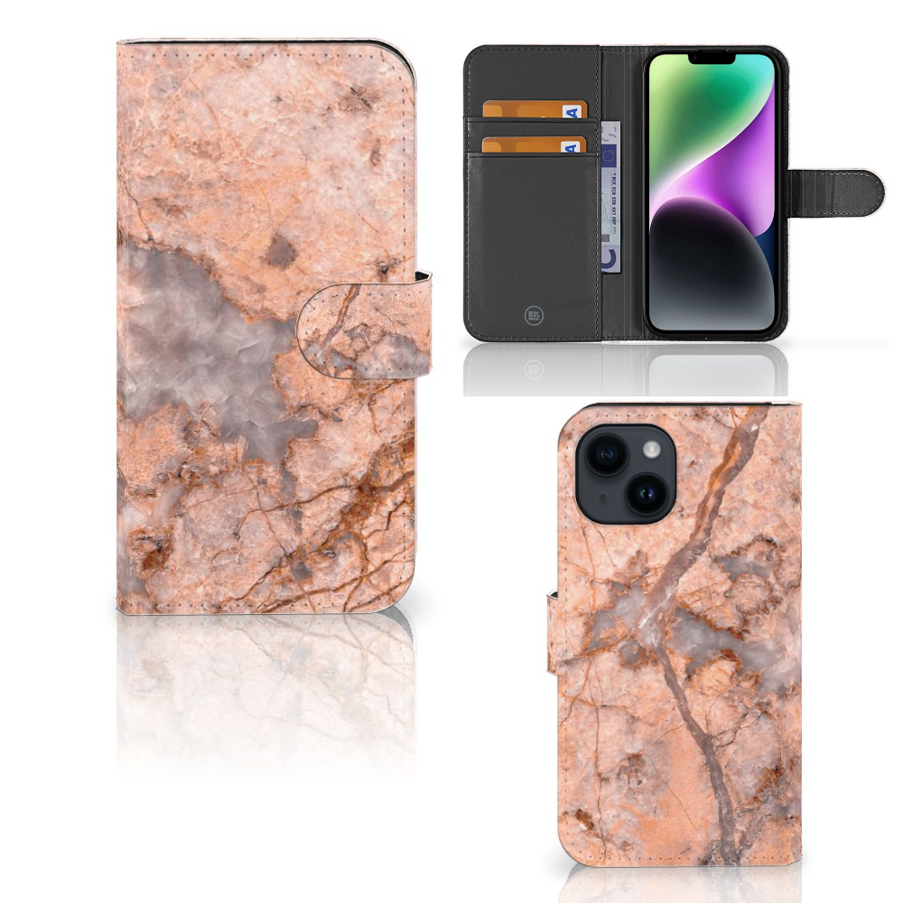 iPhone 15 Bookcase Marmer Oranje, stijlvolle en unieke design hoesjes met pasjeshouder.