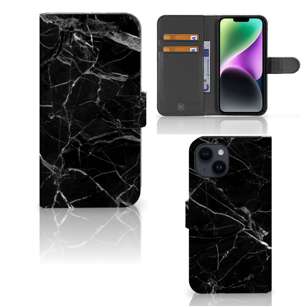 iPhone 15 Bookcase Marmer Zwart - Origineel Cadeau Vader, zwart marmer design met pasjesruimte. 🖤