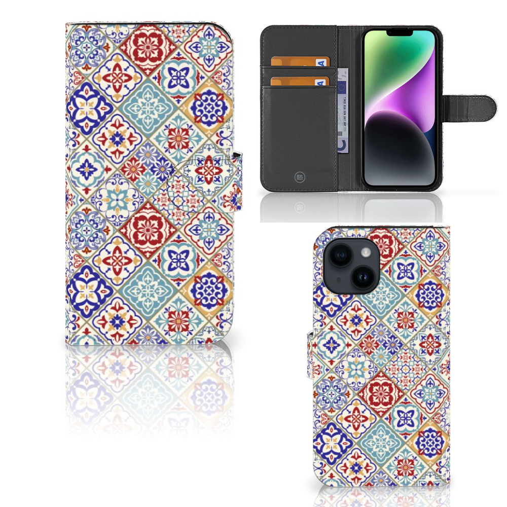 iPhone 15 Bookcase Tiles Color met unieke tegels in kleurrijk design, ruimte voor pasjes.