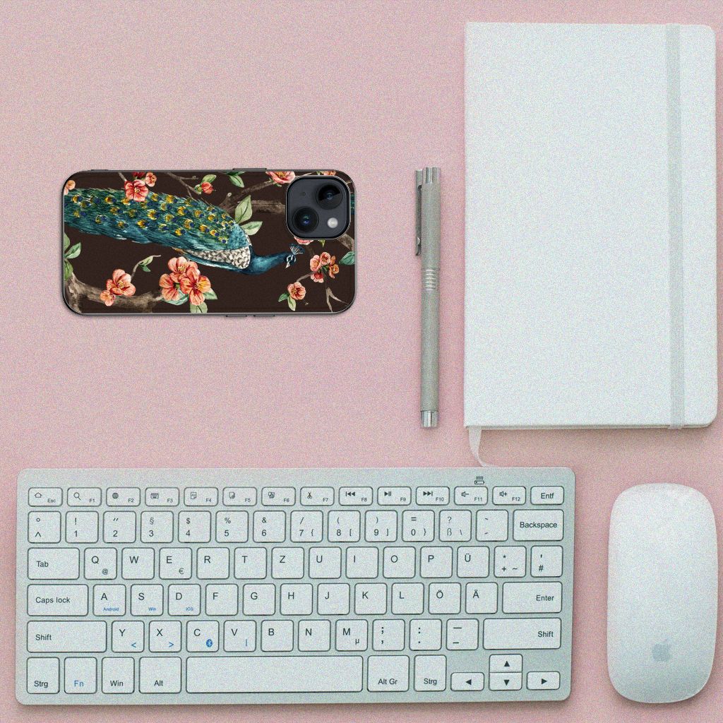 iPhone 15 Dierenprint Telefoonhoesje Pauw met Bloemen B2C Telecom