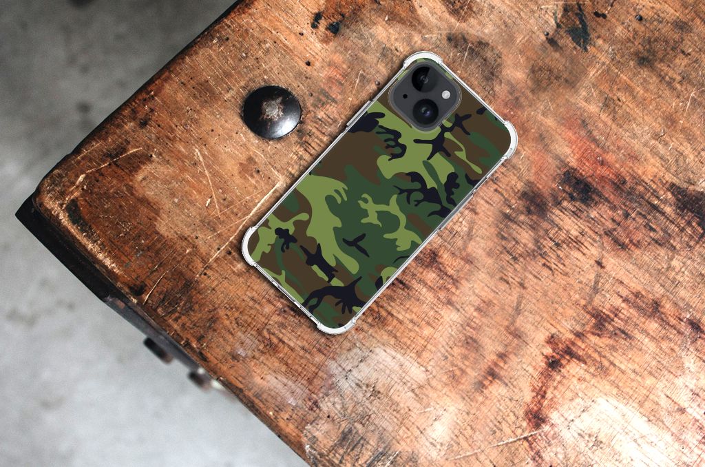 iPhone 15 Doorzichtige Silicone Hoesje Army Dark camouflage bovenaanzicht