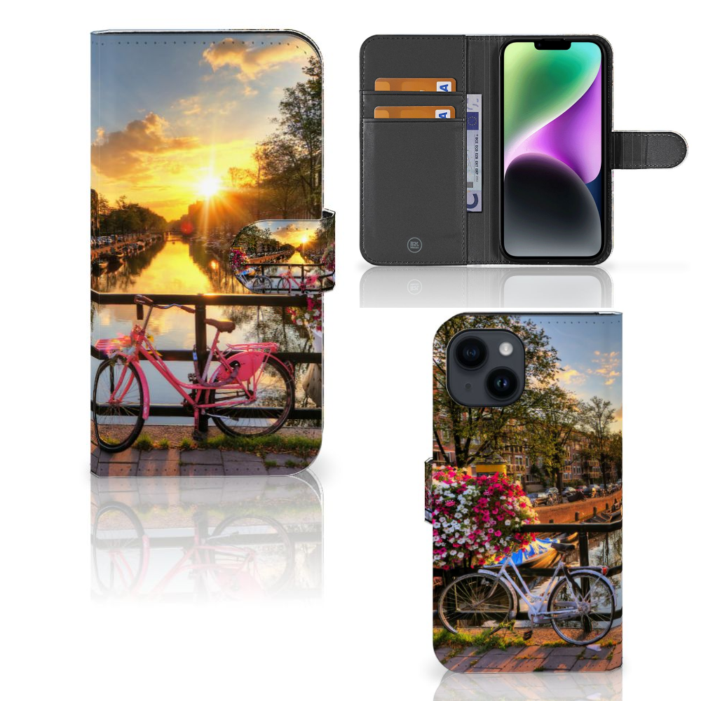 iPhone 15 Flip Cover Amsterdamse Grachten met afbeelding van fiets en bloemen in Amsterdam 🌷.
