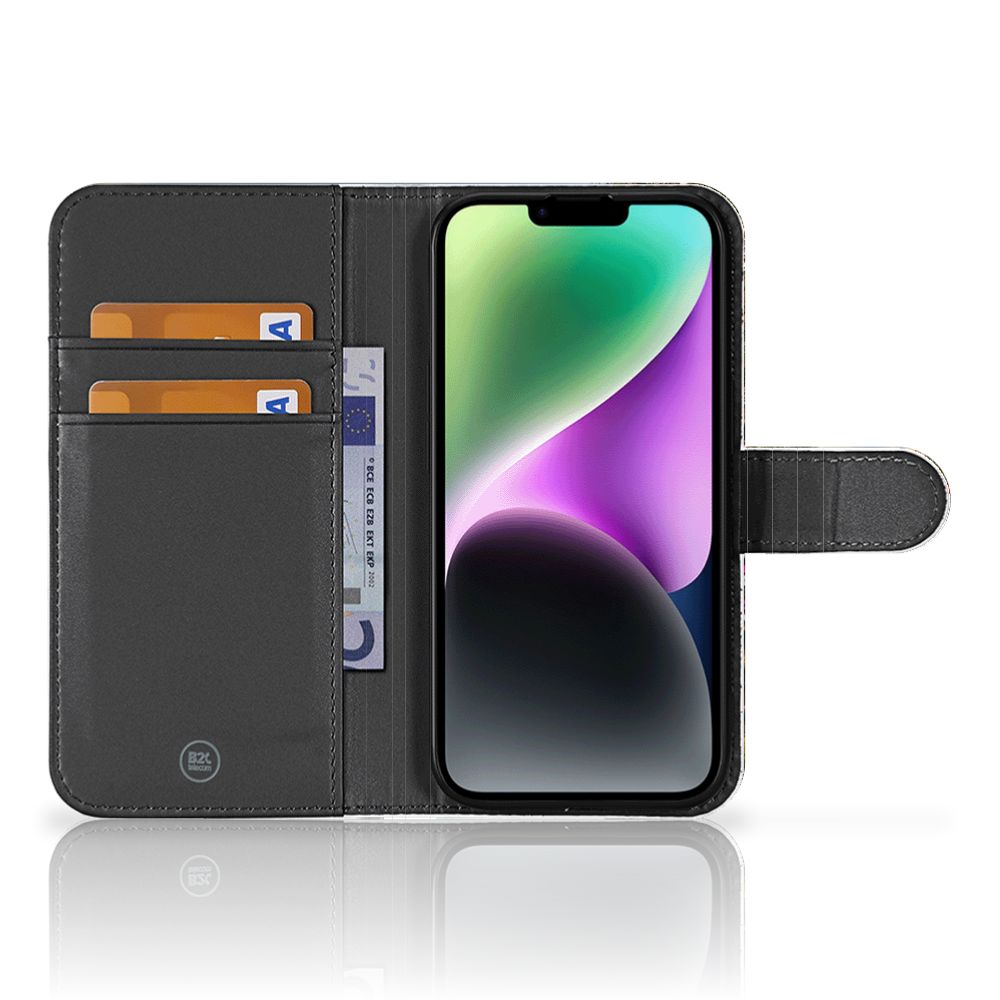 iPhone 15 Flip Cover Amsterdamse Grachten met zichtbare pasjes en smartphone in een stijlvol design 📱
