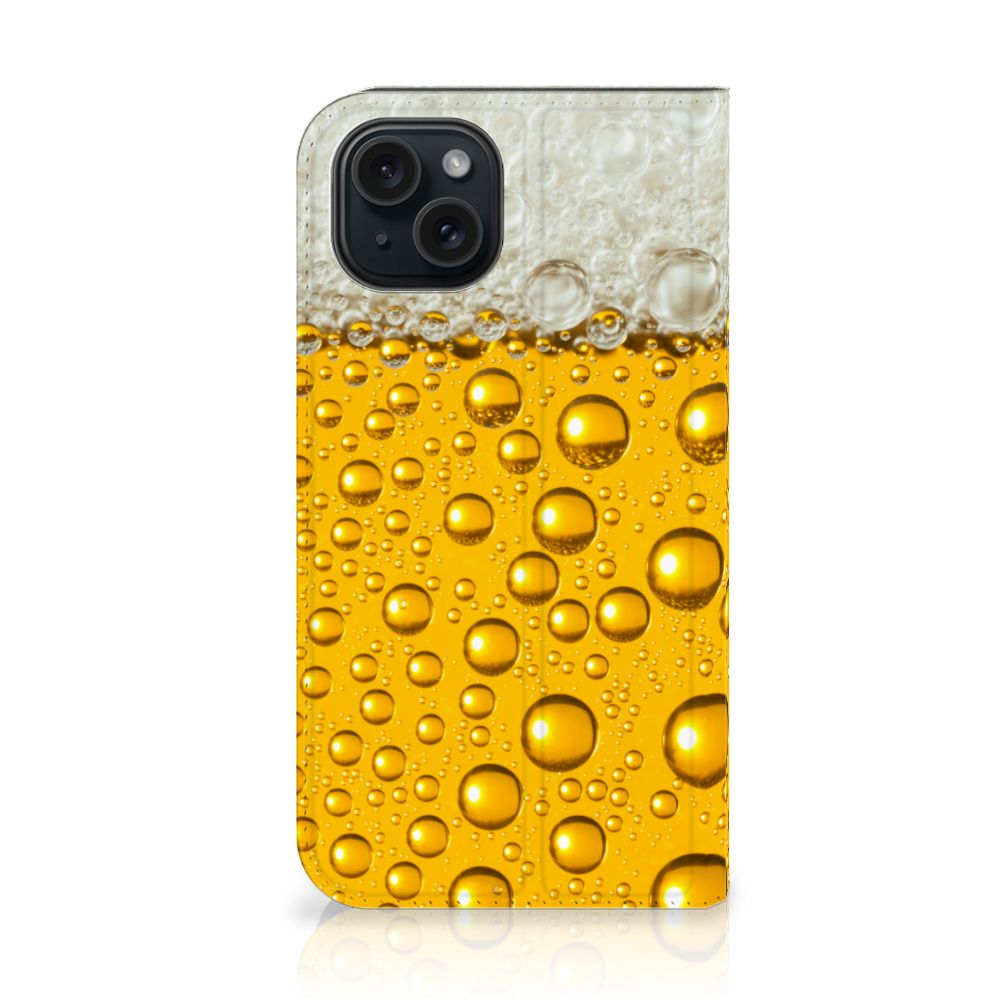 iPhone 15 Flip Style Cover Bier met een aantrekkelijk ontwerp van bier en bubbels 🍺.