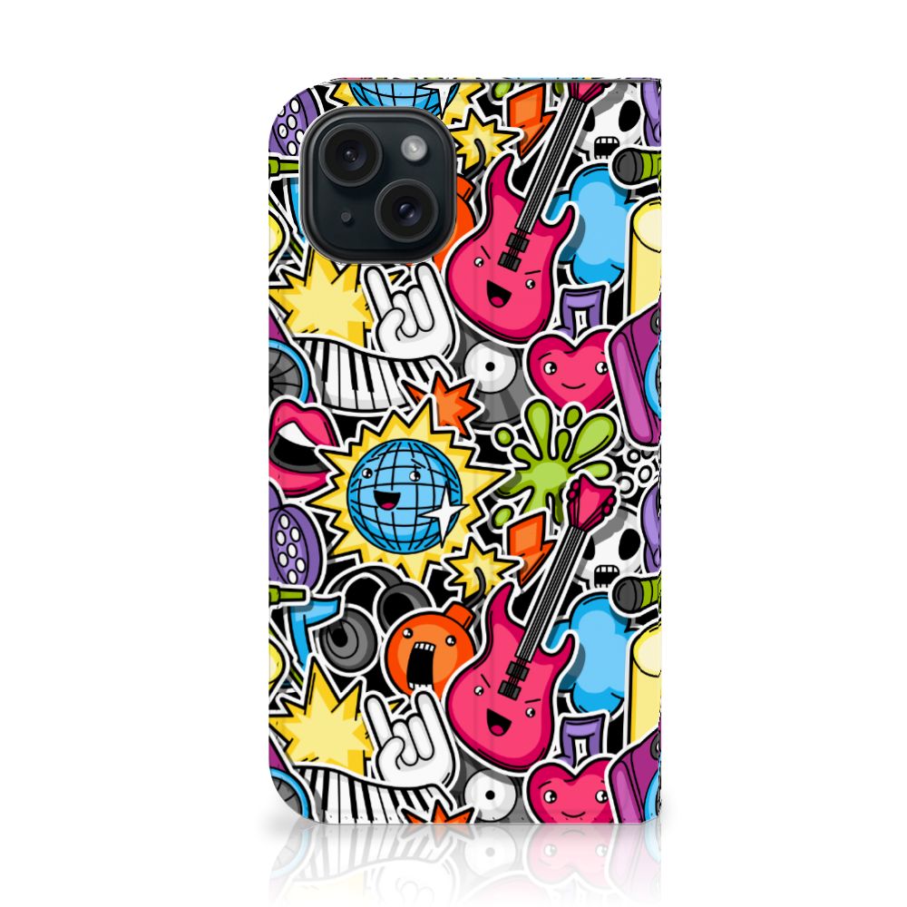 iPhone 15 Hippe Standcase Punk Rock met levendige kleuren en muziekgerelateerde ontwerpen.