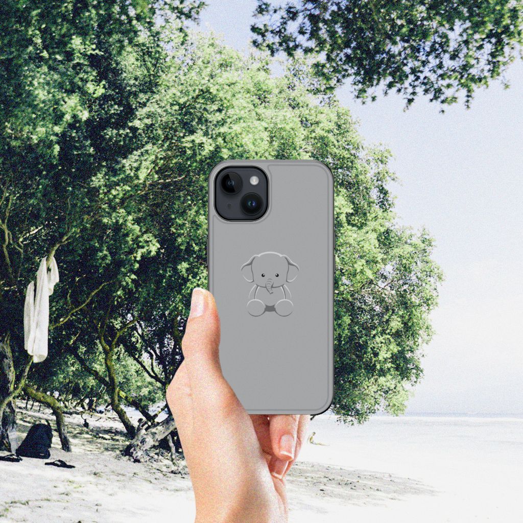 Apple iPhone 15 hoesje Grijs Baby Olifant achterkant illustratie