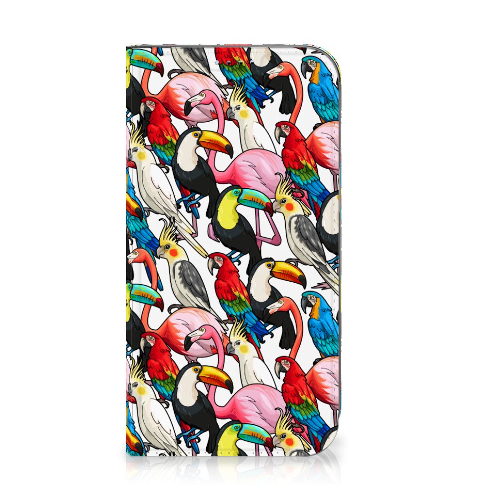 iPhone 15 Hoesje maken Birds met kleurrijke vogels zoals toekans en flamingo's op een witte achtergrond.