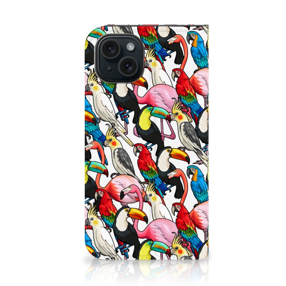 iPhone 15 Hoesje maken Birds met kleurrijke vogels zoals toekans, flamingo's en papegaaien op een witte achtergrond.