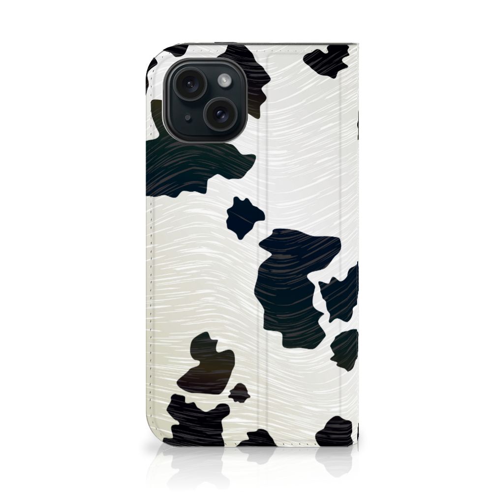 iPhone 15 Hoesje maken Koeienvlekken met een stijlvol zwart-wit koeienpatroon.