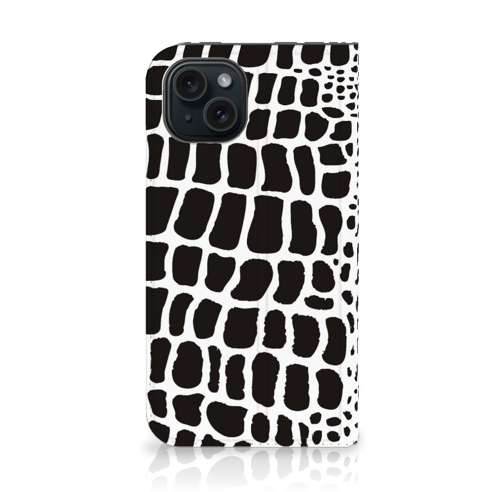 iPhone 15 Hoesje maken Slangenprint, zwart-witte slangenprint stand case met persoonlijke flair.