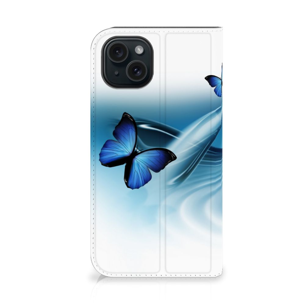 iPhone 15 Hoesje maken Vlinders met blauwe vlinders op een elegante witte achtergrond 🦋