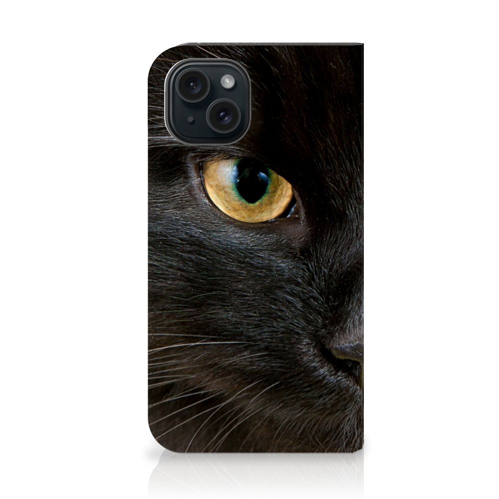 iPhone 15 Hoesje maken Zwarte Kat met close-up van een zwarte kat met opvallende gele ogen 🐱.