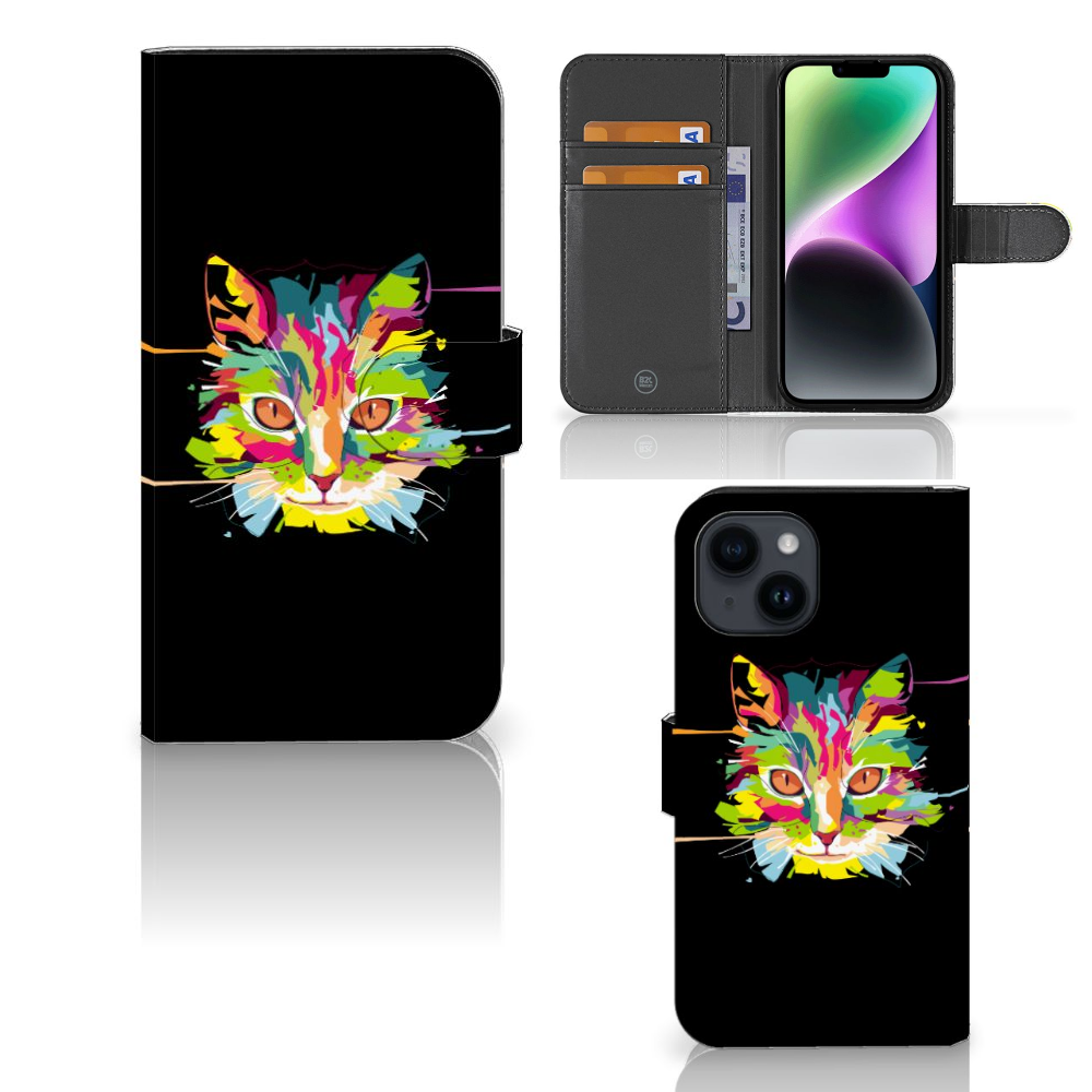 iPhone 15 Leuk Hoesje Cat Color met kleurrijk kattenontwerp op zwarte achtergrond 🐱