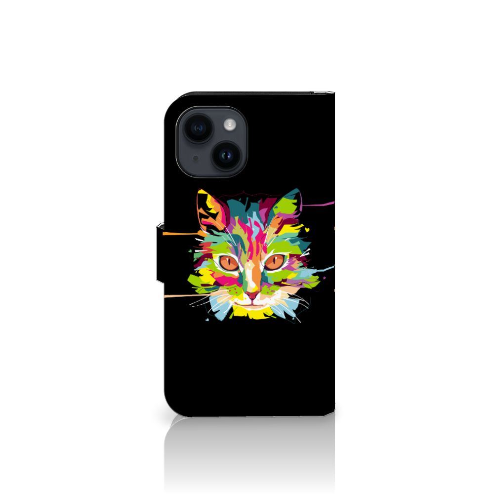 iPhone 15 Leuk Hoesje Cat Color met kleurrijke kat op zwarte achtergrond 🐱