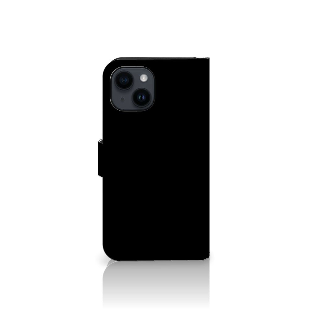 iPhone 15 Leuk Hoesje Cow in zwart met pasjes en briefgeld vakjes