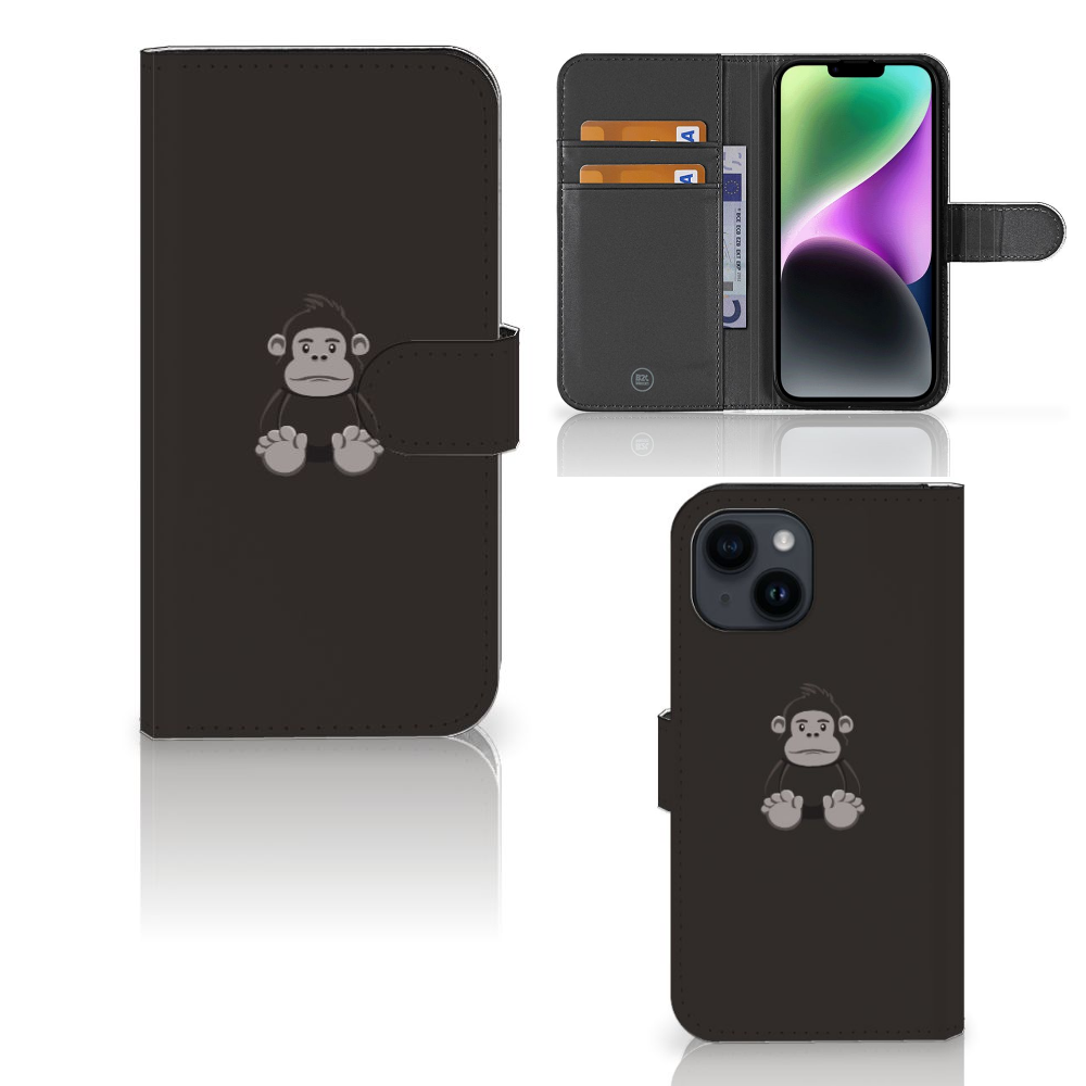 iPhone 15 Leuk Hoesje Gorilla met schattige gorilla en pasjesvakjes voor veilige bescherming.