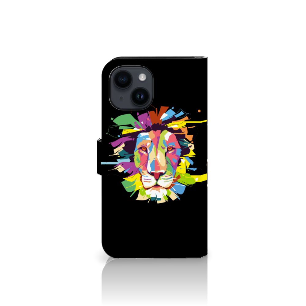 iPhone 15 Leuk Hoesje Lion Color met kleurrijk leeuwdesign op zwarte achtergrond