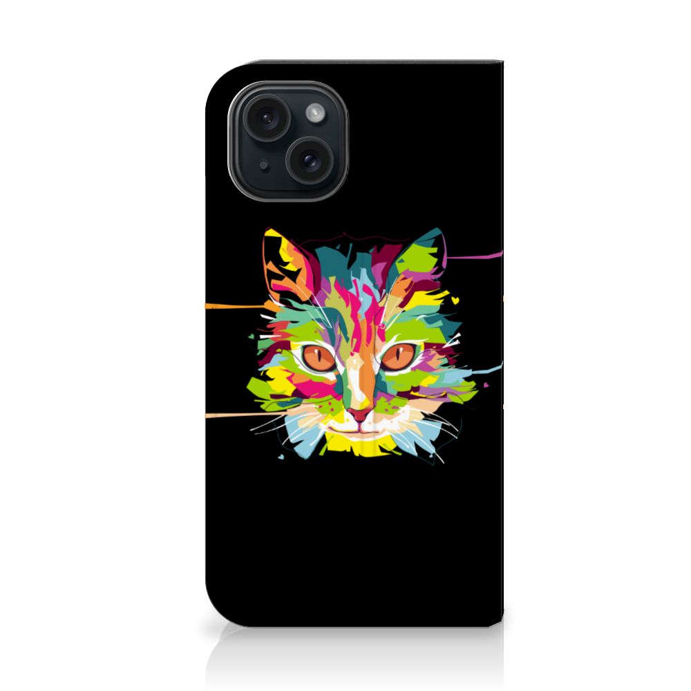 iPhone 15 Magnet Case Cat Color met kleurig kattenontwerp op zwart, ideaal voor dierenliefhebbers