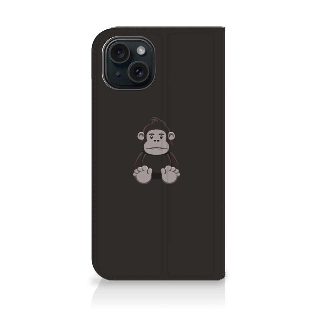 iPhone 15 Magnet Case Gorilla met schattige gorilla afbeelding op een zwarte achtergrond