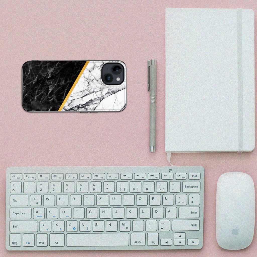 iPhone 15 Marmeren Print Telefoonhoesje Marmer Wit Zwart - Origineel Cadeau Man B2C Telecom