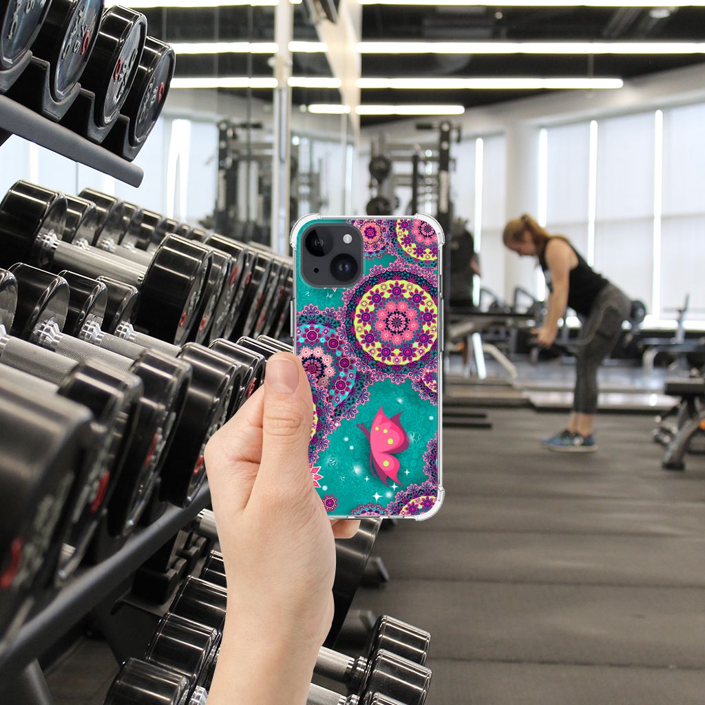 iPhone 15 Plus Back Cover Cirkels en Vlinders product foto hand gym