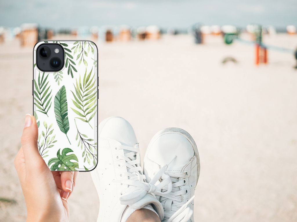 Apple iPhone 15 Plus Bloemen Hoesje Leaves design bladeren aanzicht