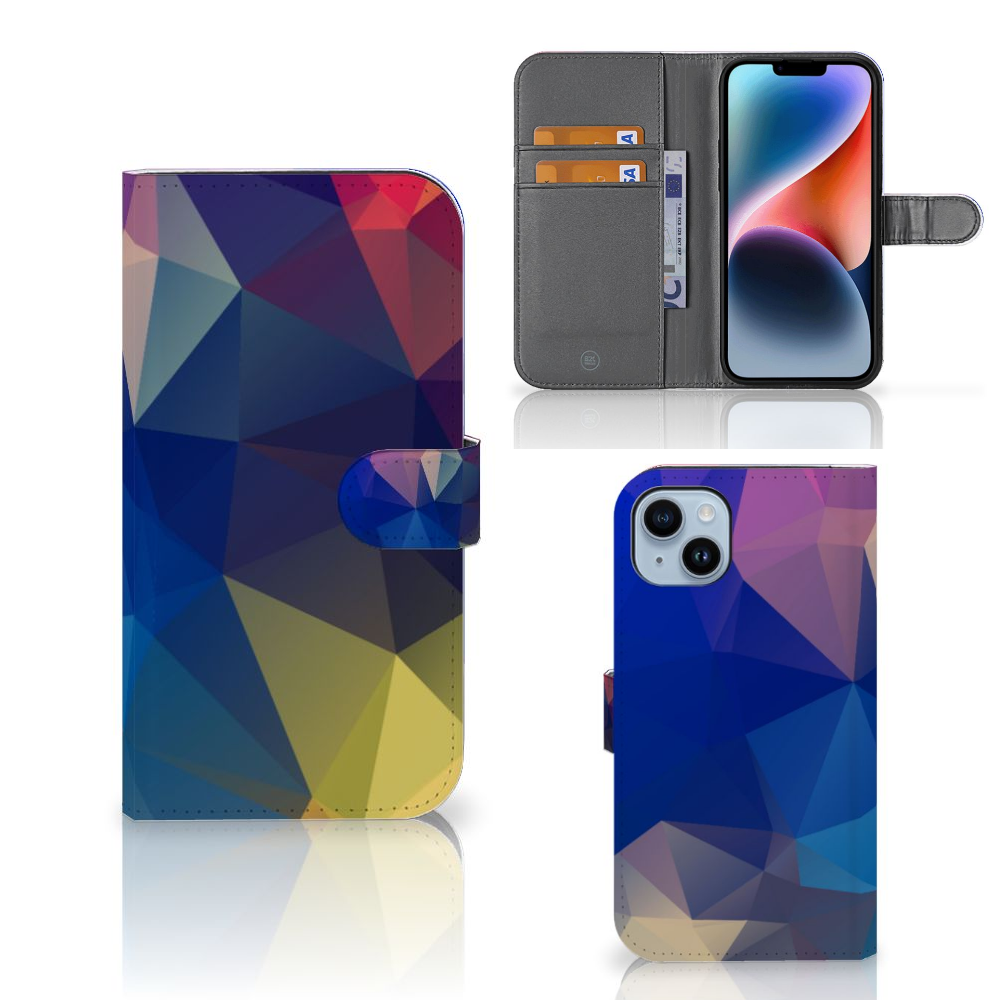 iPhone 15 Plus Book Case Polygon Dark met abstracte polygonen in warme kleuren en ruimte voor 3 pasjes.