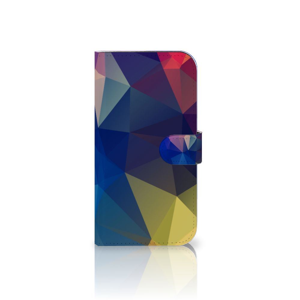 iPhone 15 Plus Book Case Polygon Dark met abstracte polygonen in warme kleuren.
