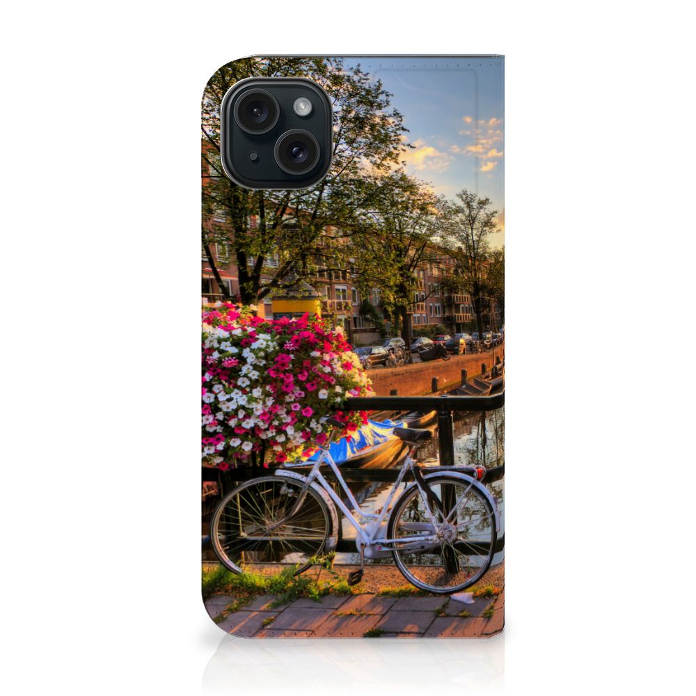 iPhone 15 Plus Book Cover Amsterdamse Grachten met een fiets en bloemen in Amsterdam 🌷