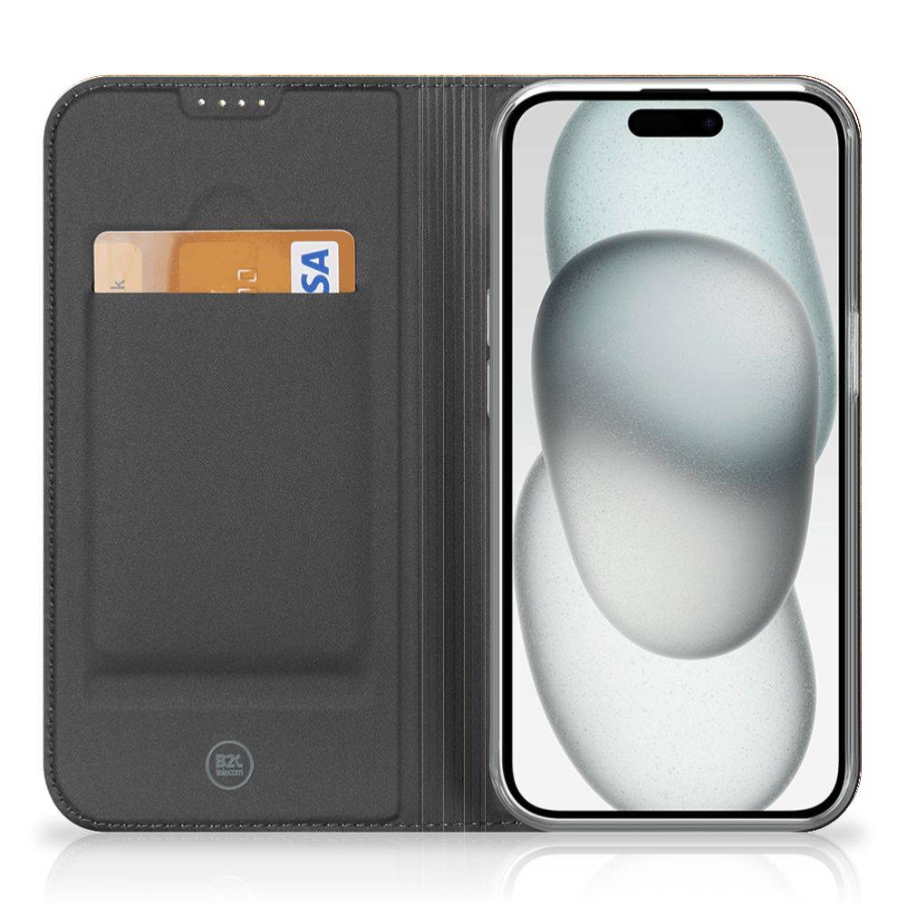 iPhone 15 Plus Book Cover Wereldkaart zwart design voorkant met ruimte voor pasjes