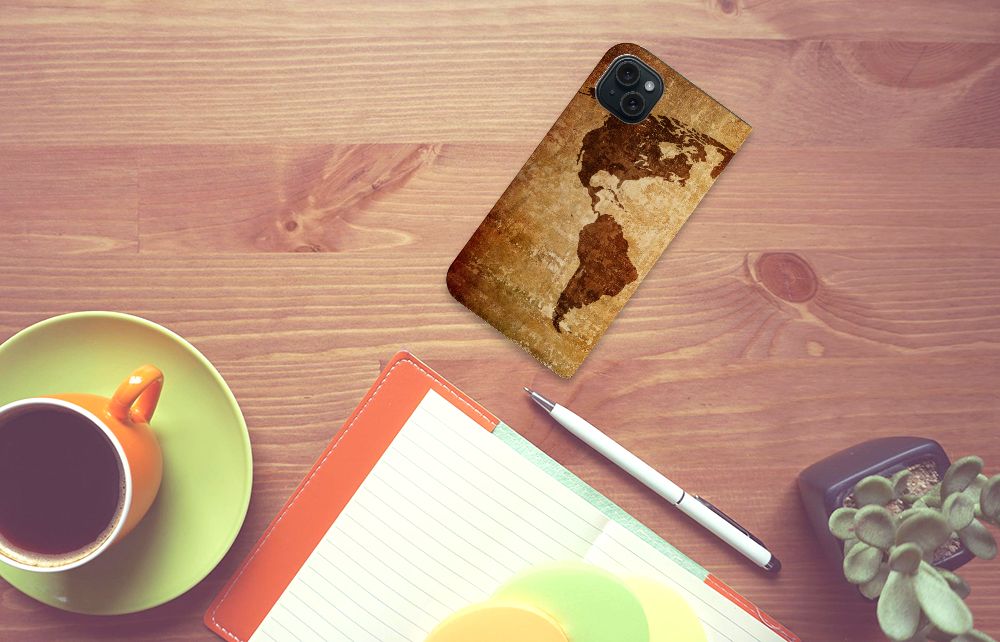 iPhone 15 Plus Book Cover Wereldkaart hoesje wereldkaart aanzicht