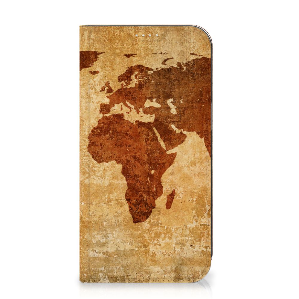 iPhone 15 Plus Book Cover Wereldkaart hoesje wereldkaart bruin voorkant