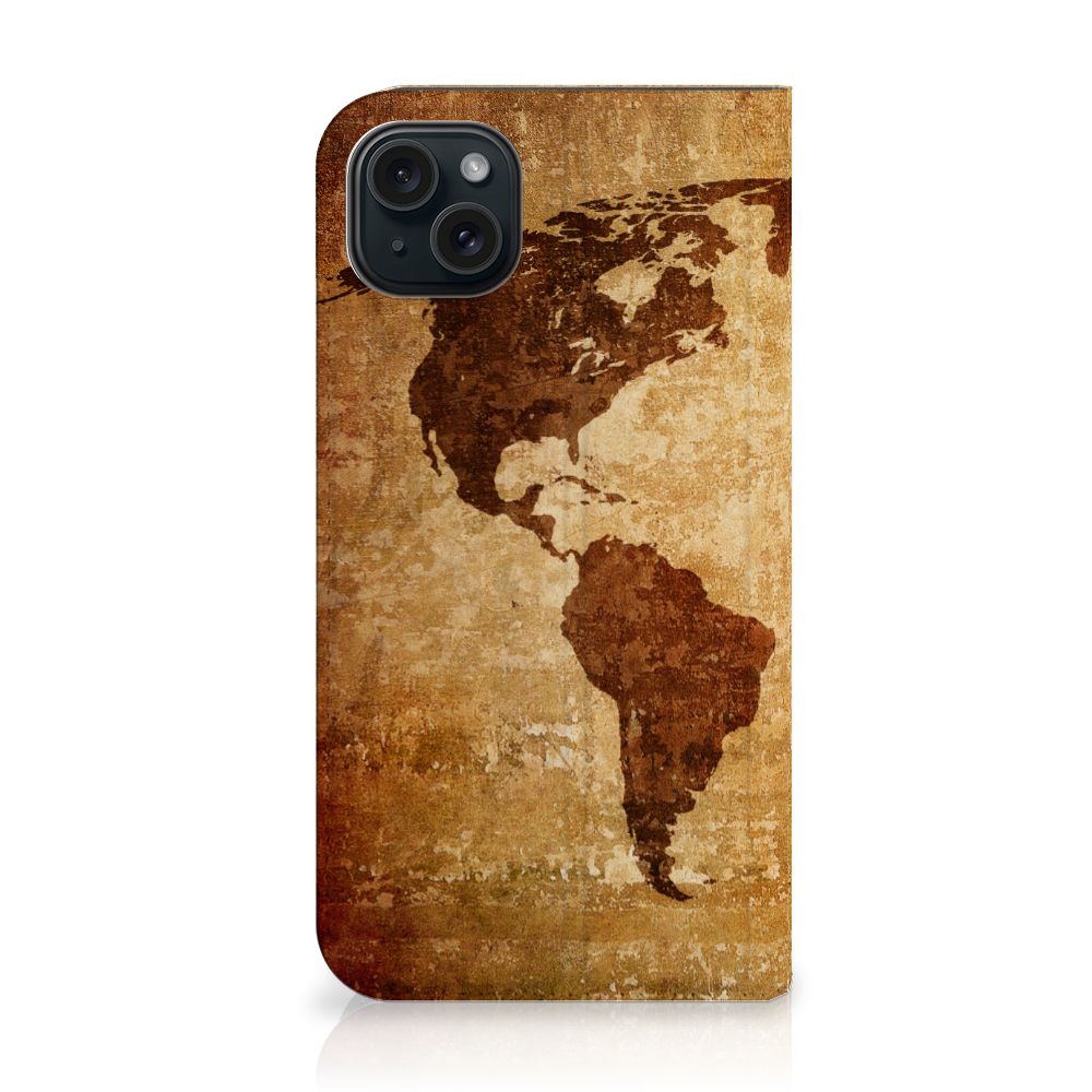 iPhone 15 Plus Book Cover Wereldkaart wereldkaart bruin achterzijde