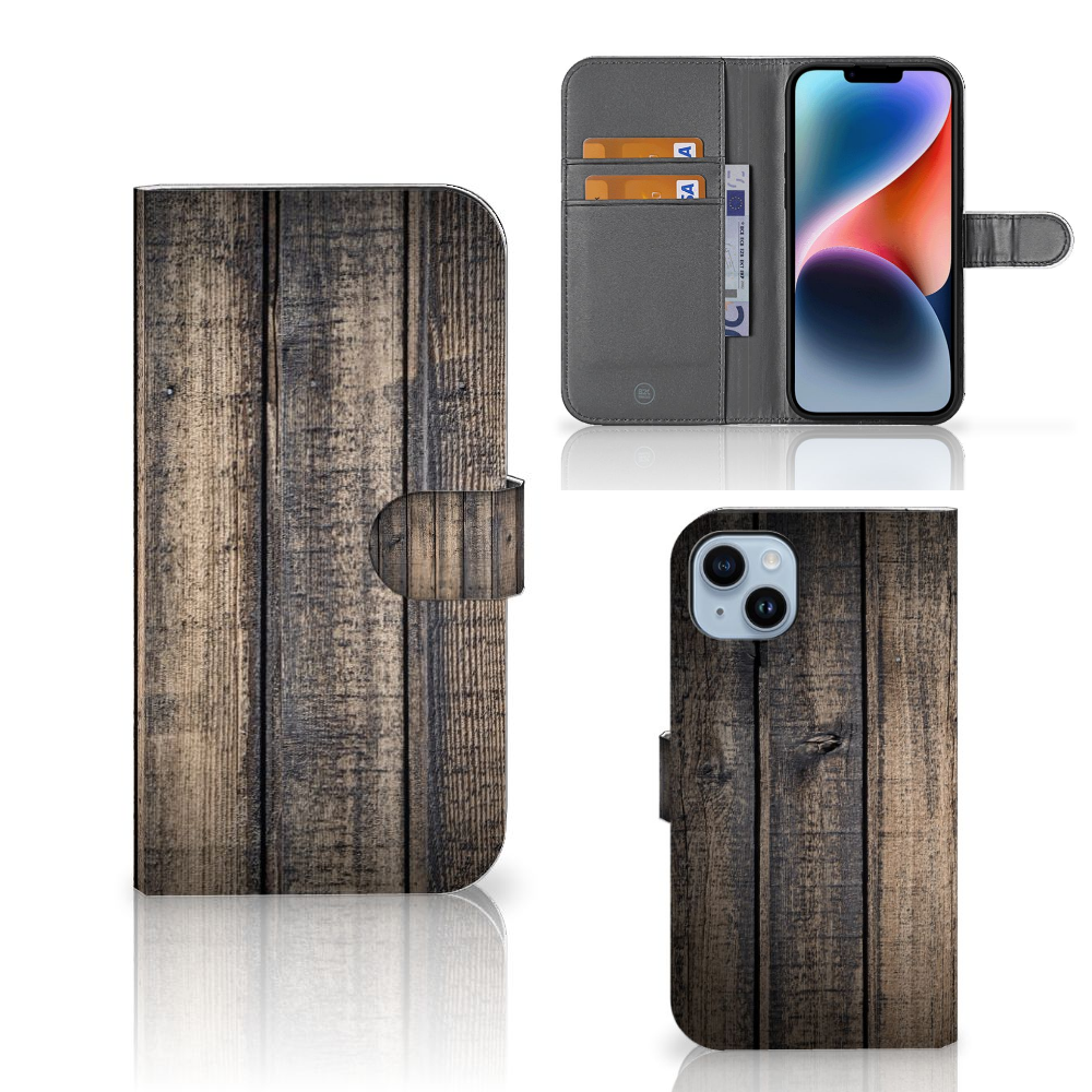 iPhone 15 Plus Book Style Case Steigerhout met houten design en ruimte voor 3 pasjes.