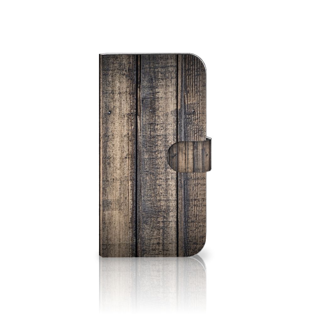 iPhone 15 Plus Book Style Case Steigerhout met een robuust houten design 🪵.